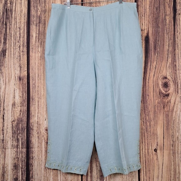 DRESSBARN Woman 20W Light Blue Linen Ankle Pants Embroidered Hem - Picture 1 of 6